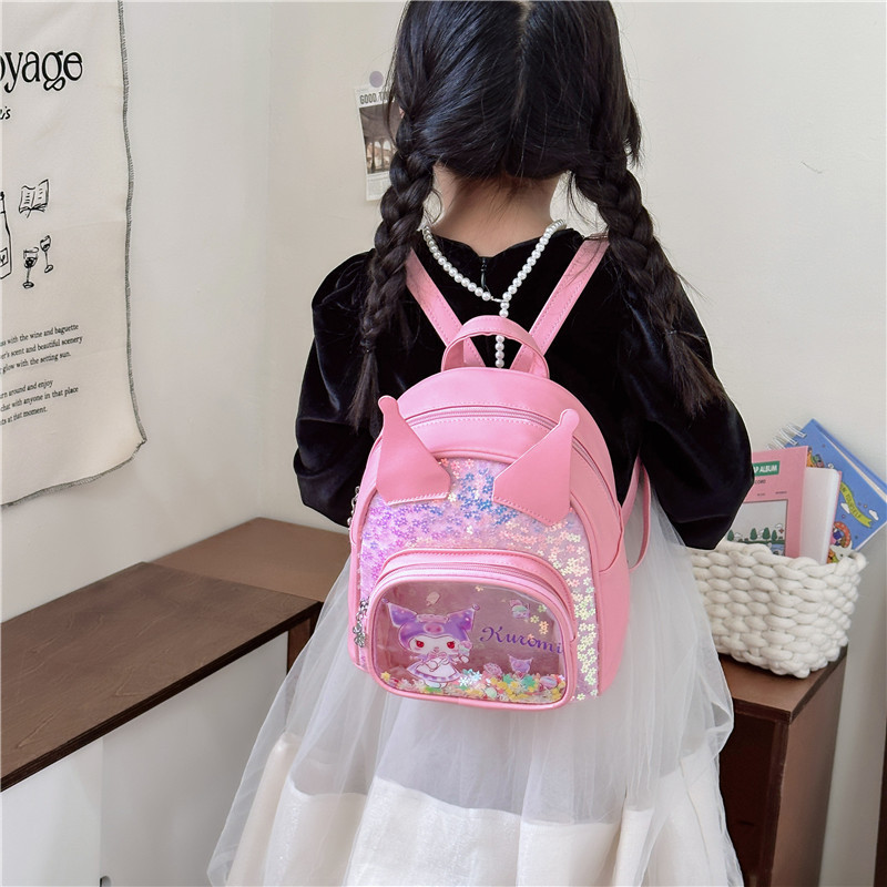 Cartoon sequined transparent children's schoolbag, princess mini backpack, girls' fashionable and cute bow baby backpack details Picture