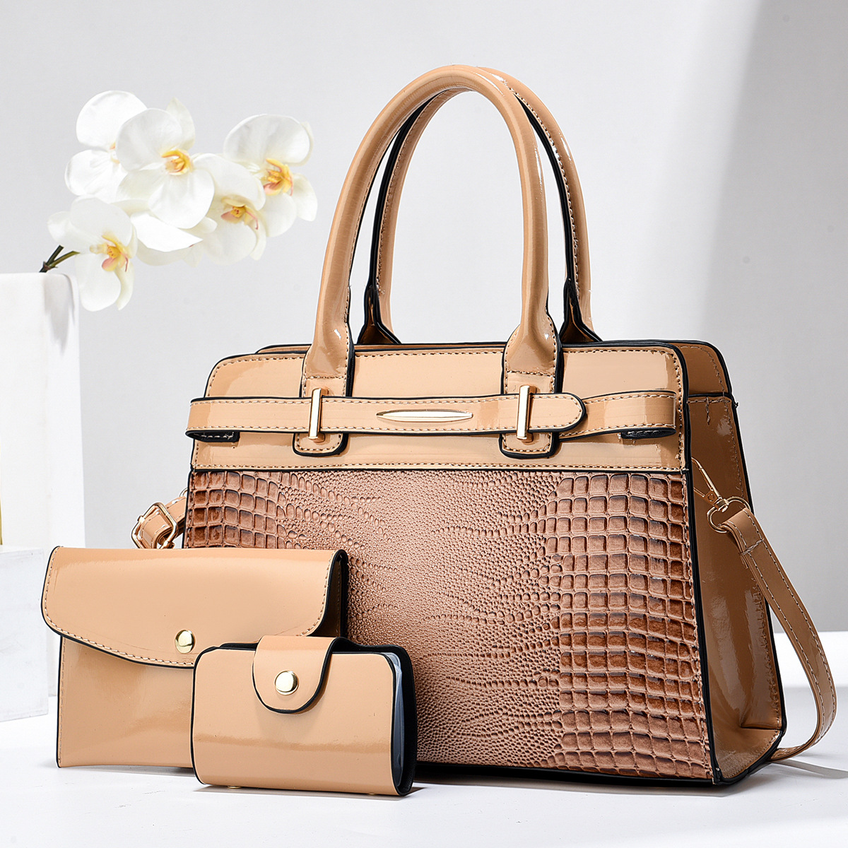 Cross-border shiny leather three-piece set mother and child bag, foreign trade women's bag 2024 new large-capacity fashionable crossbody single-shoulder handbag details Picture