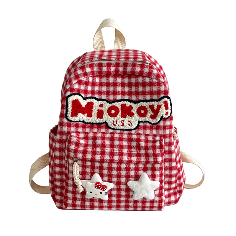 A new cartoon double backpack with large capacity, retro red checkered, school-style KT backpack, Japanese-style cute girl's double shoulders Item Picture