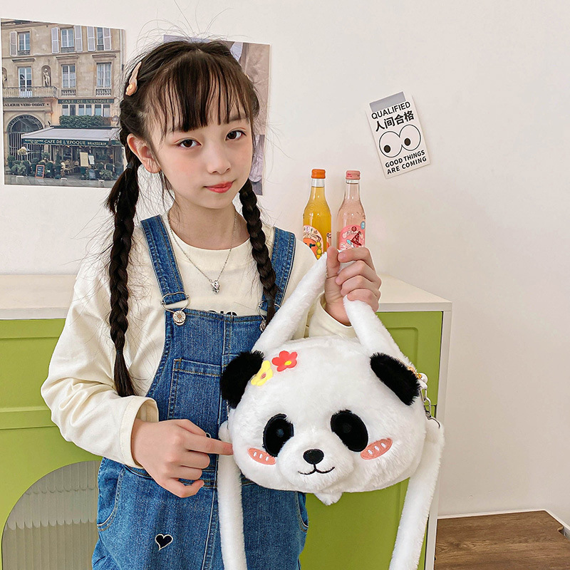 New cartoon soft and cute flower panda crossbody bag, adorable plush double-back panda claw machine doll exchange and wholesale Application Scenario