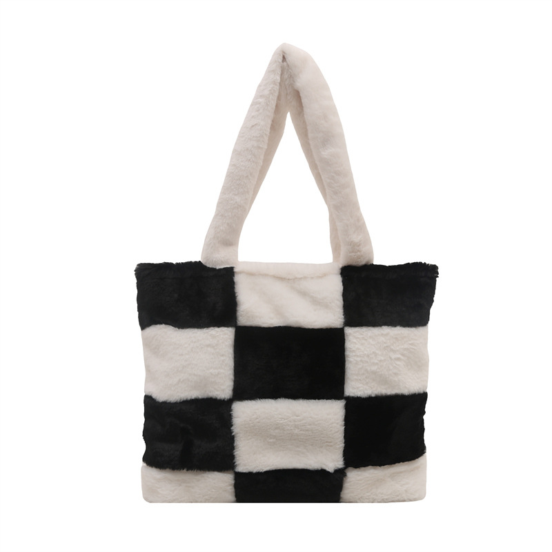 Sweet plush checkered large-capacity single-shoulder bag, crossbody bag, women's quality commuter tote bag, handbag Item Picture