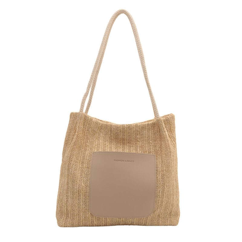 Summer spliced large-capacity woven straw bag, new women's texture, relaxed single-shoulder beach vacation bag Item Picture