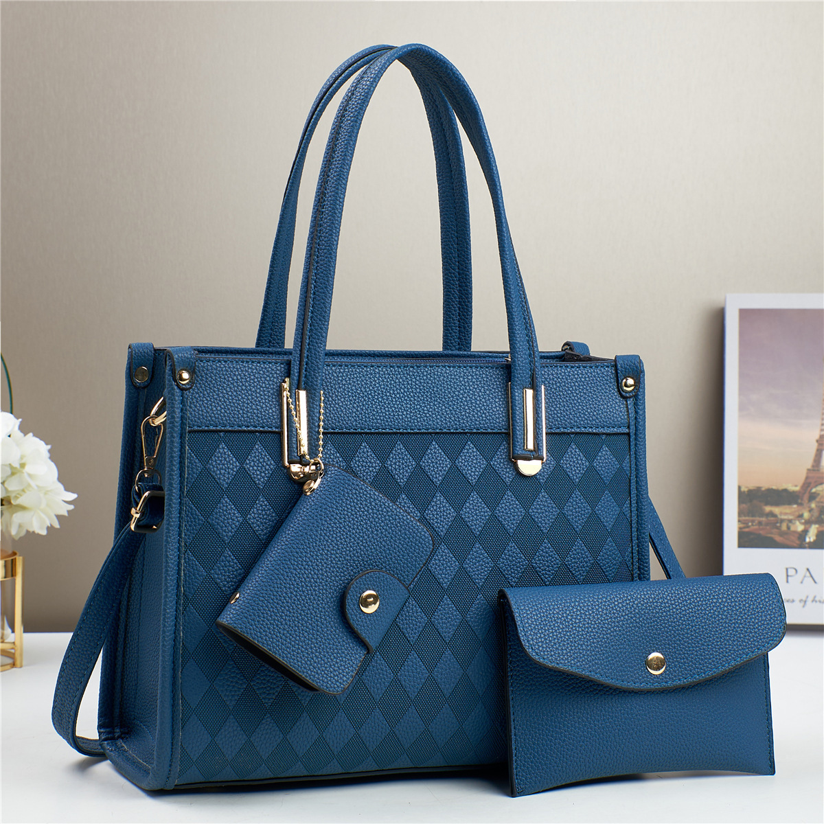 The 2024 new style of the foreign trade three-piece set bag features a high-quality diamond-shaped embossed large-capacity mom's trendy bag and a stylish tote mother-and-child bag Specification drawing