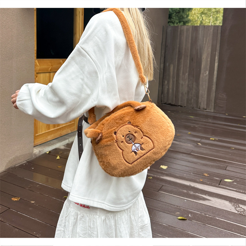 Capibara plush bag, cute capybara, large-capacity storage bag, cartoon doll, crossbody bag, children's small backpack details Picture