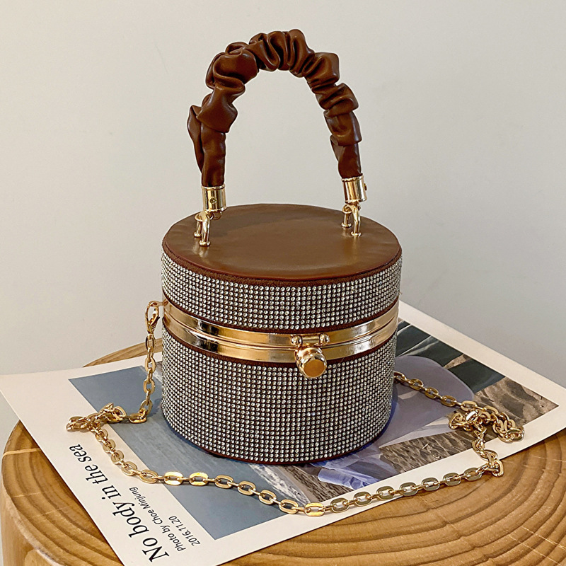 Spring simple and stylish mini sparkling diamond bucket bag 2024 new versatile pleated chain single-shoulder women's bag details Picture