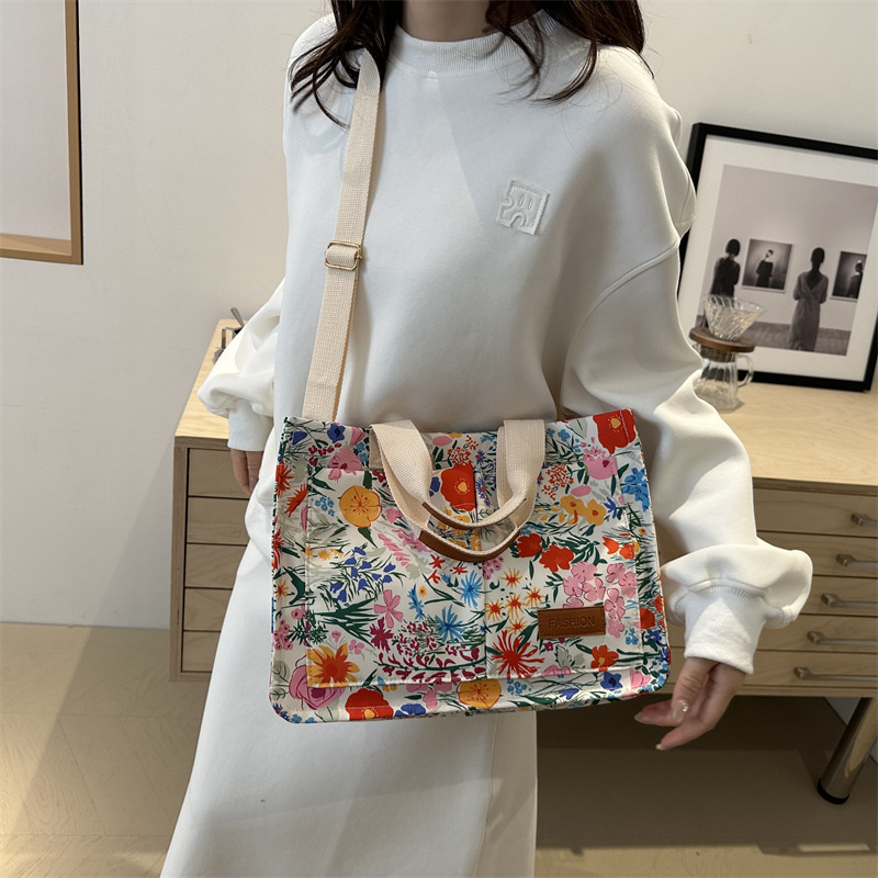 Autumn floral print bag, personalized 2024, large capacity double-pocket, stylish beach shopping bag, crossbody single-shoulder handbag for women Specification drawing