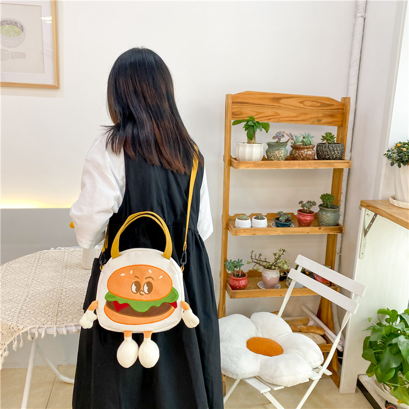 A new cartoon canvas burger crossbody handbag with large capacity, a trendy Japanese style and a girlish heart, a school backpack and birthday gift Specification drawing