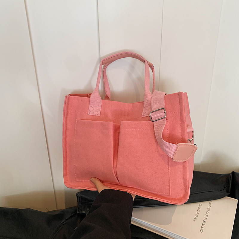 New women's canvas bag, casual and simple single-shoulder handbag, large-capacity crossbody bag, solid-color commuter tote bag full figure