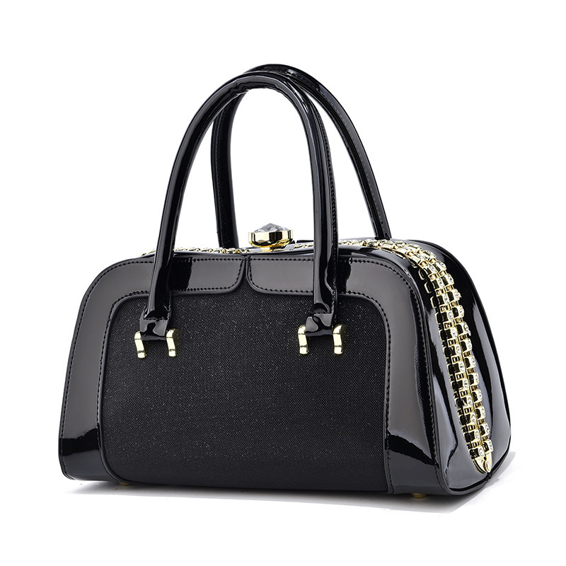 Cross-border trend bright leather color-blocked single-shoulder bag, Taizhou women's bag, steel frame diamond-encrusted women's bag, set handbag factory direct sales Item Picture