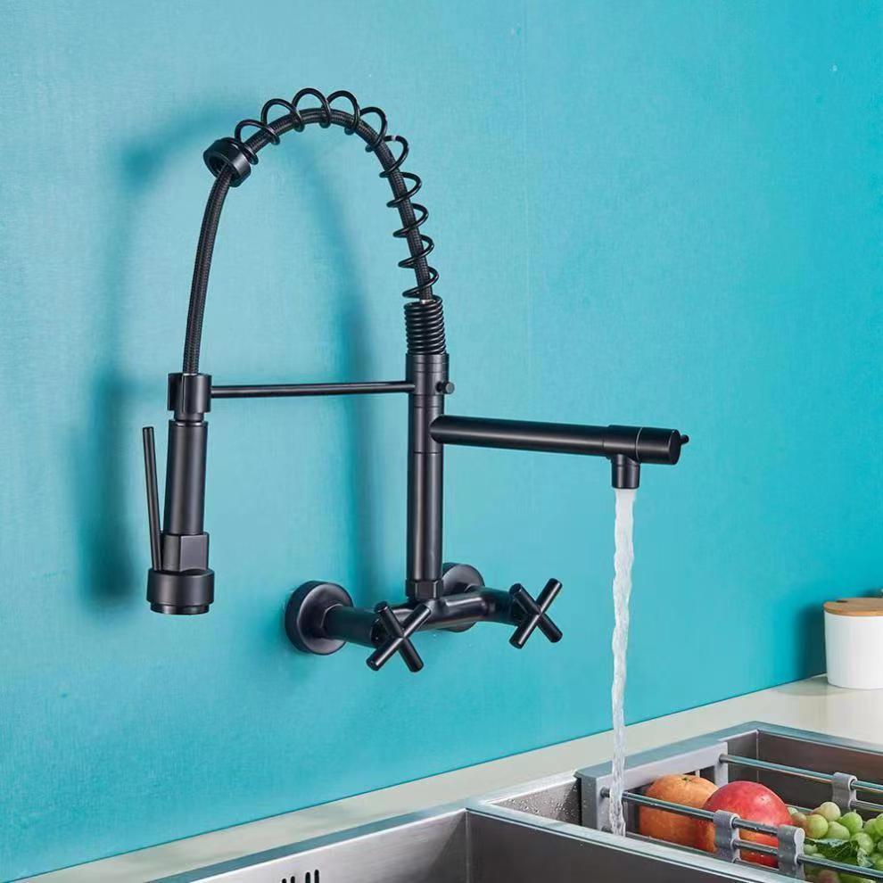 Cross-border wall-mounted faucet, kitchen cold and hot double-hole washing basin, two-in-one laundry sink, balcony universal splash-proof head Application Scenario