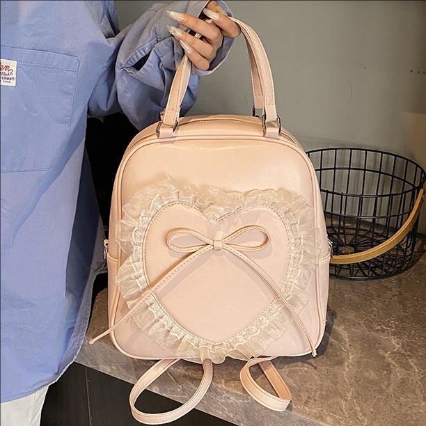 Korean style stylish large-capacity handbag for women 2025 New style, sweet and fashionable lace heart bow backpack full figure
