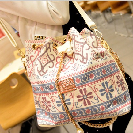 Wholesale of 2020 export canvas bags, Korean version drawstring hand-held women's bags, single-shoulder pearl chain bucket bags for women Application Scenario