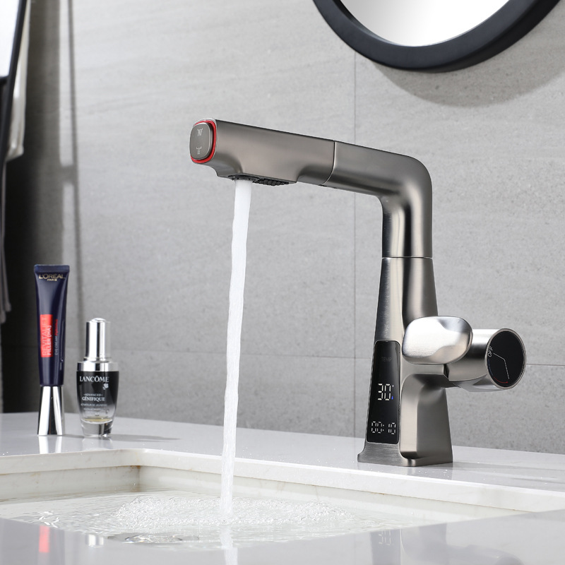 Digital display rotating lift pull-out hot and cold water faucet washbasin, household gun gray bathroom popular washbasin details Picture