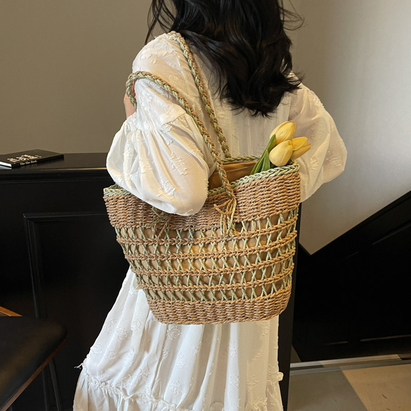 Hand-woven straw single-shoulder large bag, versatile large capacity tote bag, 2025 new style hollowed-out summer beach bag for women Specification drawing