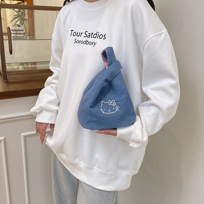 Cute new denim commuting embroidered handbag for portable storage when going out in contrasting colors details Picture