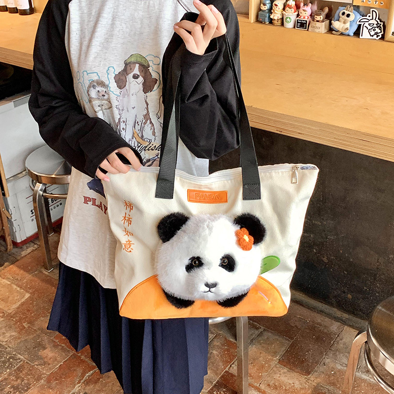 Plush toy giant panda bag for girls, 2024 new style canvas bag, single-shoulder bag, large-capacity tote bag, commuter crossbody bag details Picture