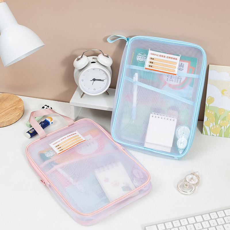 Transparent mesh subject bag, large-capacity classified textbook bag, three-layer portable document storage bag, layered document A4 bag full figure