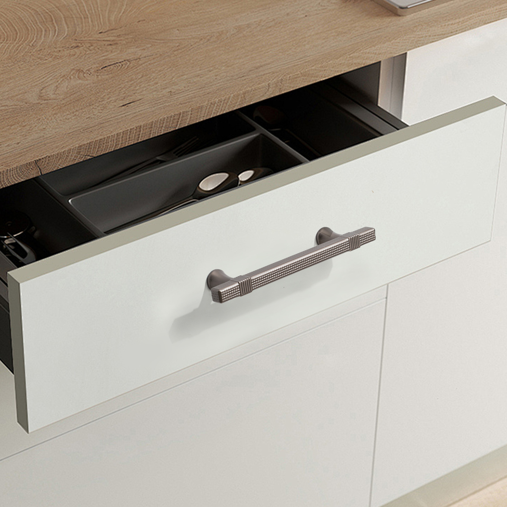 Nordic light luxury square particle cabinet handles, modern simple and high-end cabinet single-hole drawer wardrobe door handles Application Scenario