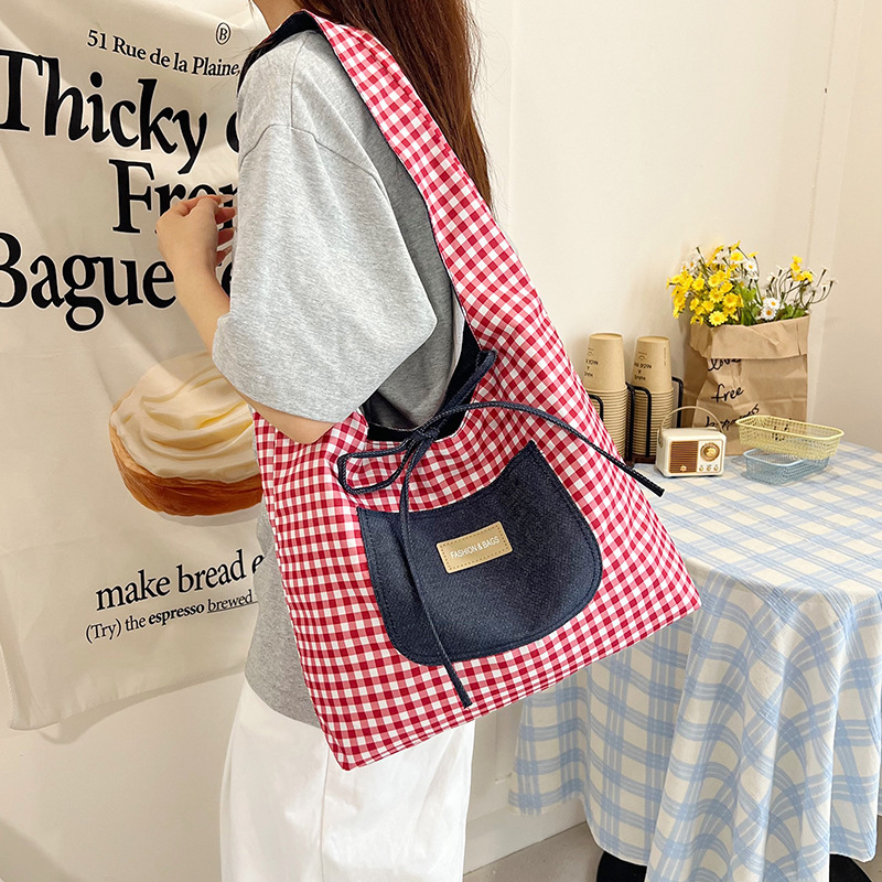 Korean ins trendy casual Tote bag 2025 new Spring casual versatile single-shoulder bag with large capacity checkered bag Specification drawing