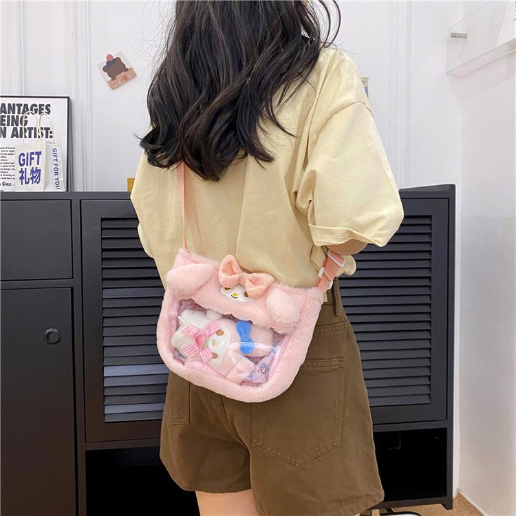 New cute transparent PVC Sanrio Kuromi Melody Cinnamon Dog plush toy crossbody bag Specification drawing