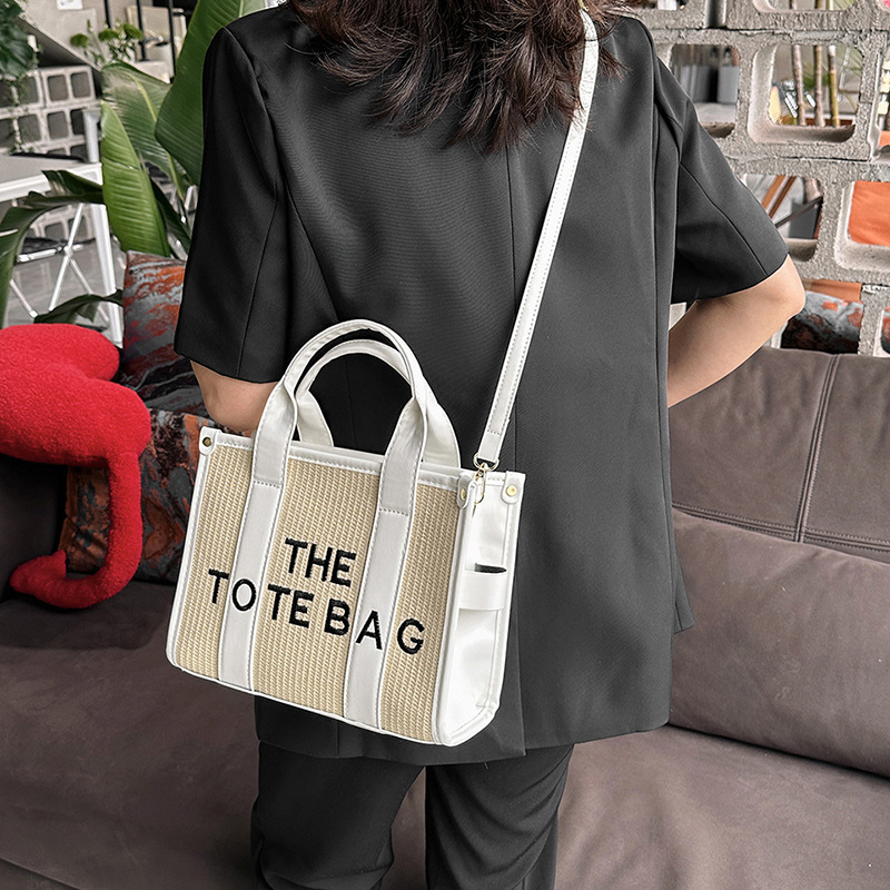 Cross-border 2025 New fashion woven two-line word mother-daughter bag, single-shoulder bag, textured tote bag, commuter crossbody bag details Picture