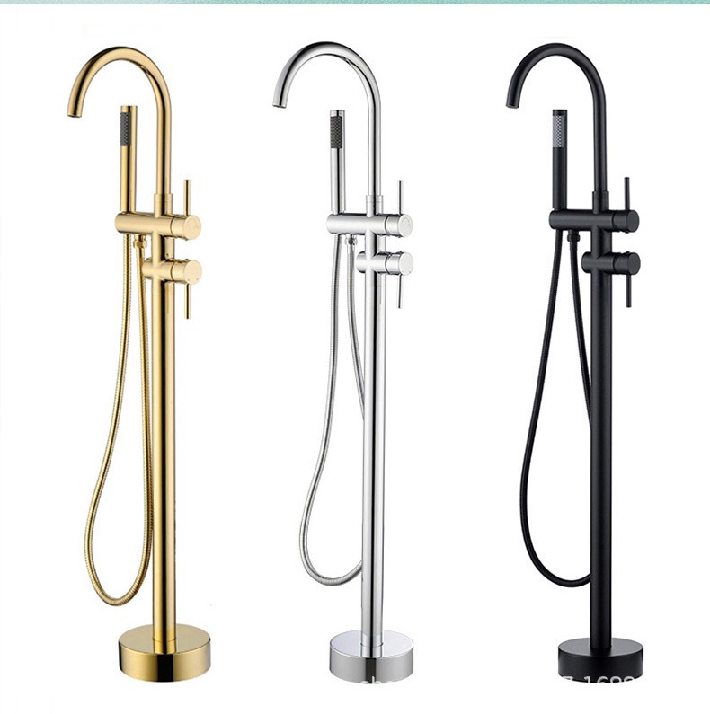 All-copper gold floor-standing bathtub faucet, brushed gold gun gray column basin shower faucet, hotel floor-standing showerhead full figure