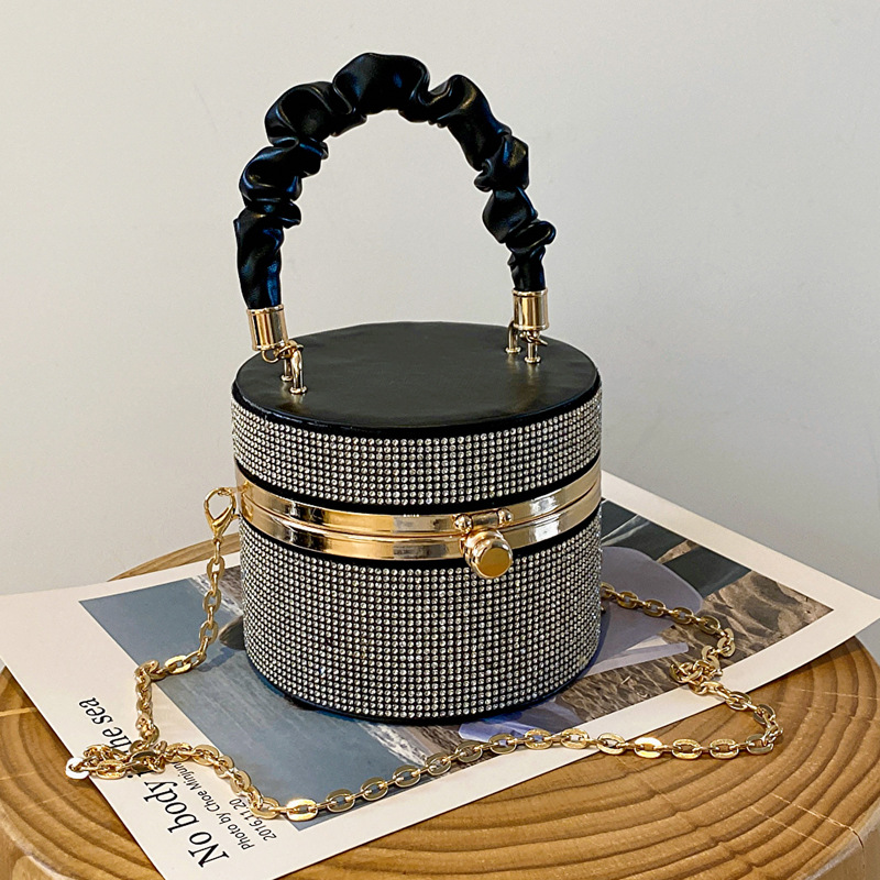 Spring simple and stylish mini sparkling diamond bucket bag 2024 new versatile pleated chain single-shoulder women's bag Specification drawing