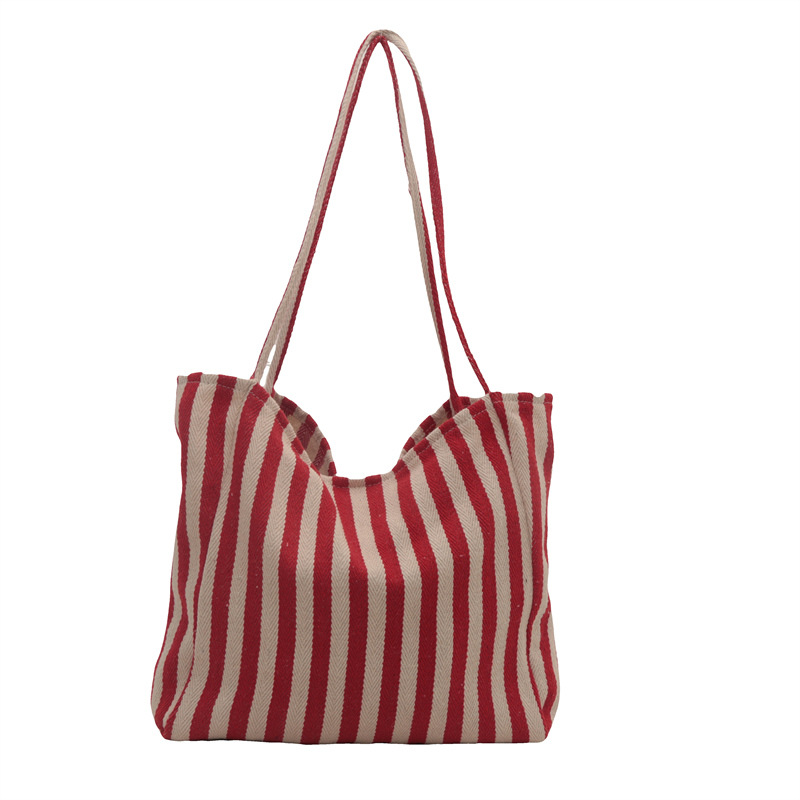 Large-capacity, simple striped canvas bag for women, ins, artistic and laid-back style, autumn and winter shopping bag, handbag, single-shoulder large bag Item Picture