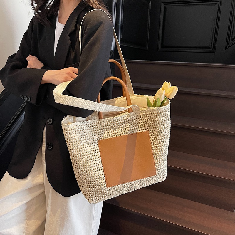 Cross-border large-capacity hand-carried woven bag for women, 2025 new fashion single-shoulder bag, Korean-style contrasting color niche tote bag Specification drawing