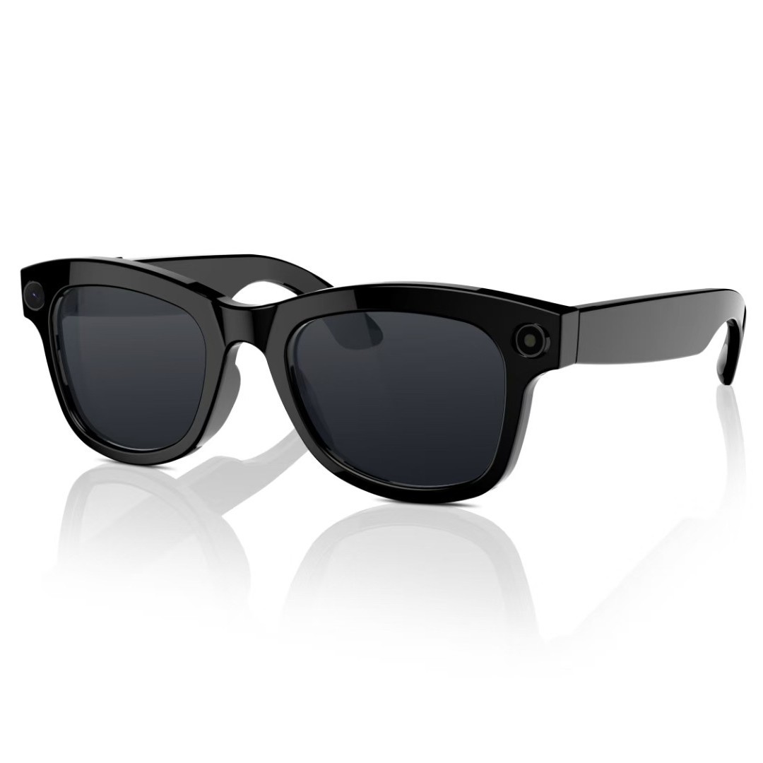 AI smart glasses E02 feature high-definition anti-shake, photo and video recording, voice assistant, noise reduction, AI recognition, question-and-answer, and real-time translation Specification drawing