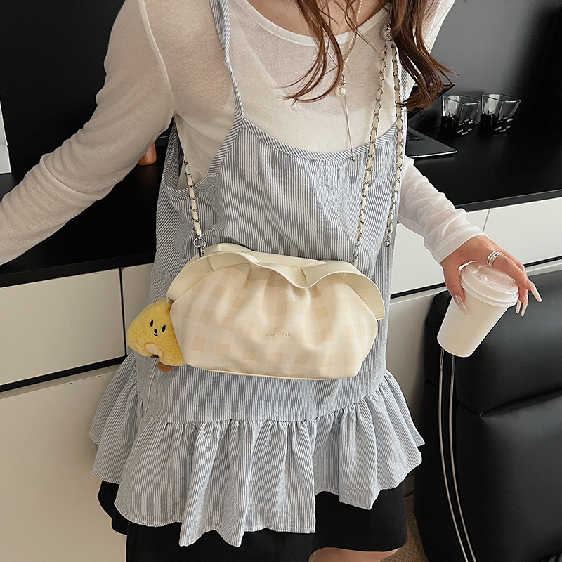 Fashionable checkered cloud bag 2025 Summer new style, high-end pleated chain bag, stylish shoulder bag, niche crossbody bag Specification drawing