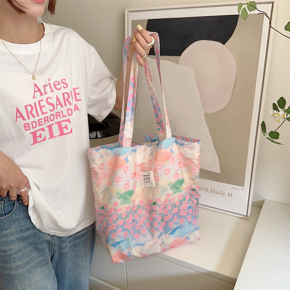 26101 New single-shoulder floral cotton Bag 2023ins Pink Flower Sea Large Capacity Canvas tote handbag Item Picture