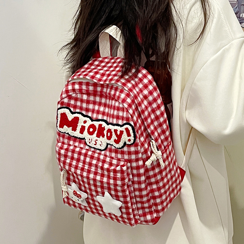 A new cartoon double backpack with large capacity, retro red checkered, school-style KT backpack, Japanese-style cute girl's double shoulders Application Scenario