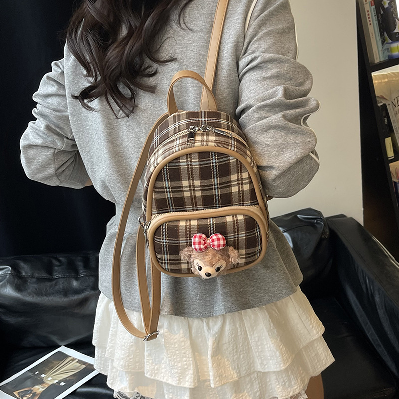 This is a cute checkered handbag for women, a new model of a niche canvas backpack in 2025, and a versatile Korean-style mini backpack Specification drawing