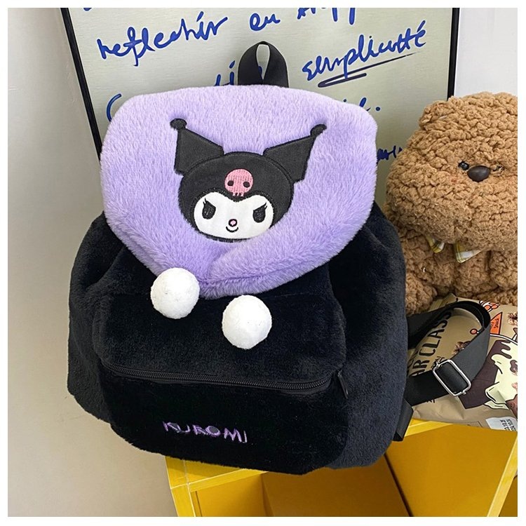 Cartoon Sanrio plush bag, large-capacity drawstring backpack, cute flip-top Kuromi Melody casual backpack details Picture
