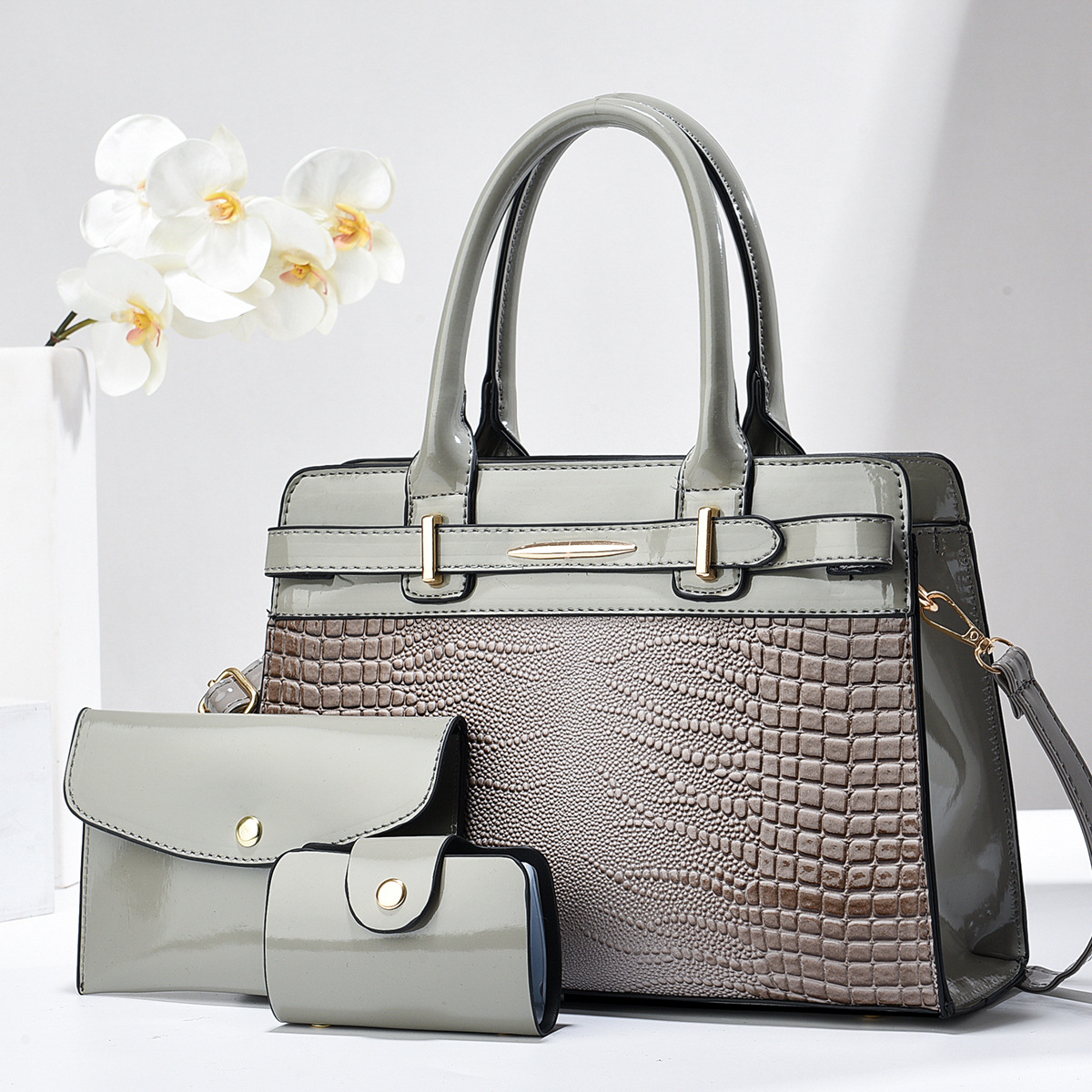 Cross-border shiny leather three-piece set mother and child bag, foreign trade women's bag 2024 new large-capacity fashionable crossbody single-shoulder handbag Specification drawing