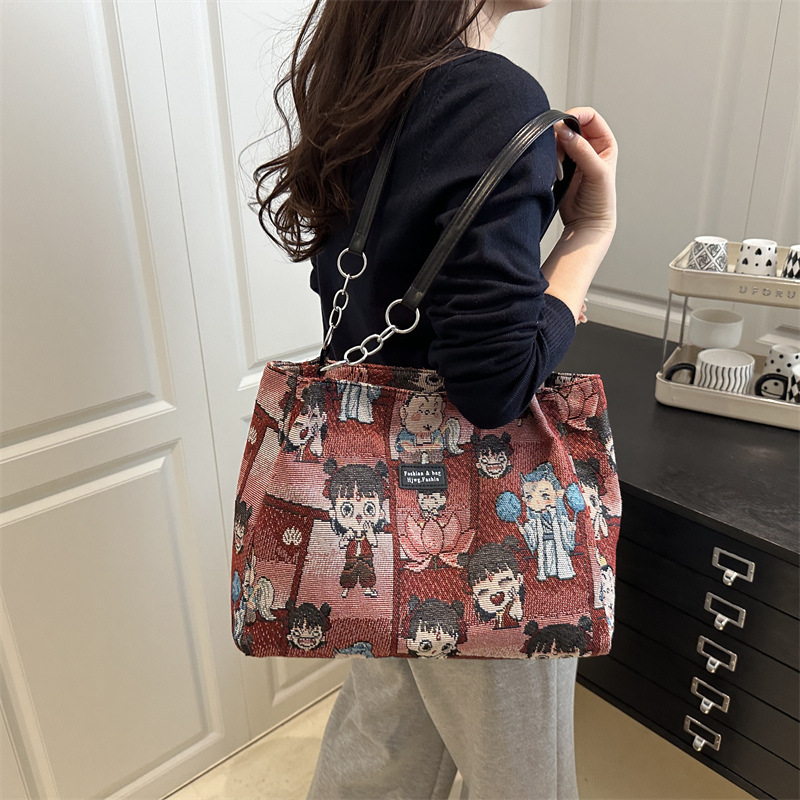 New national trend embroidered canvas bag, ins large-capacity hand-held mommy tote bag, cute Korean single-shoulder student class bag details Picture