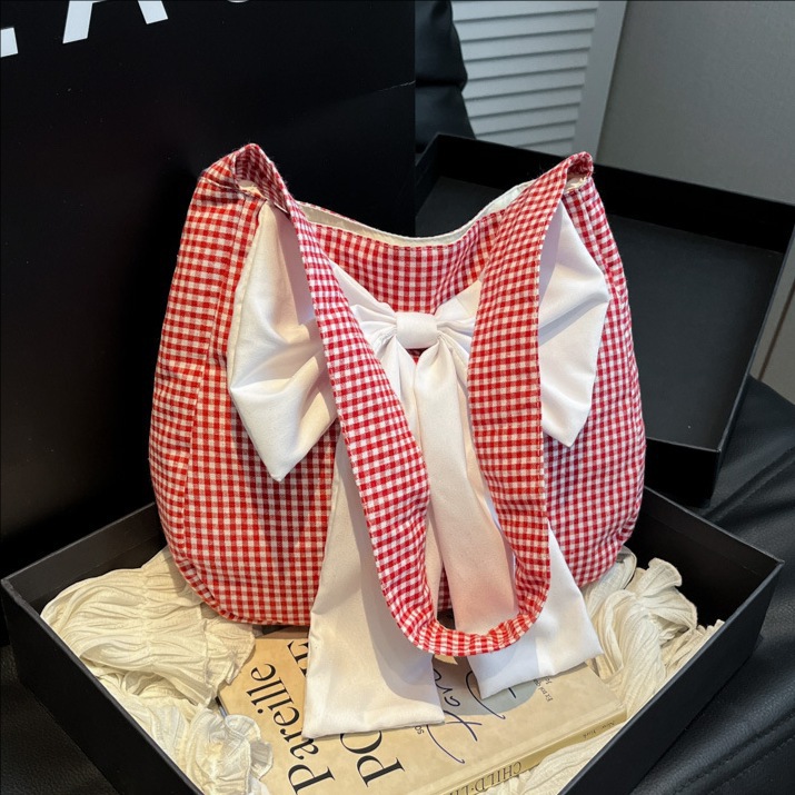 2025 New three-dimensional bow check single-shoulder bag for women's casual wear, large capacity canvas commuting underarm bucket bag full figure