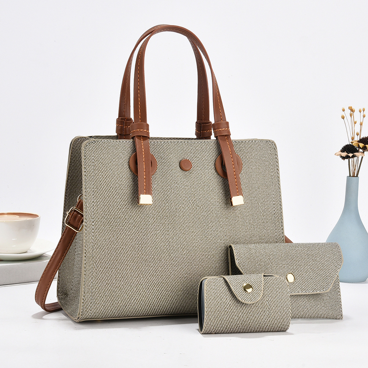 Women's bags for cross-border export, solid-color bags, women's commuting handbags, three-piece sets, simple and high-quality crossbody bags details Picture
