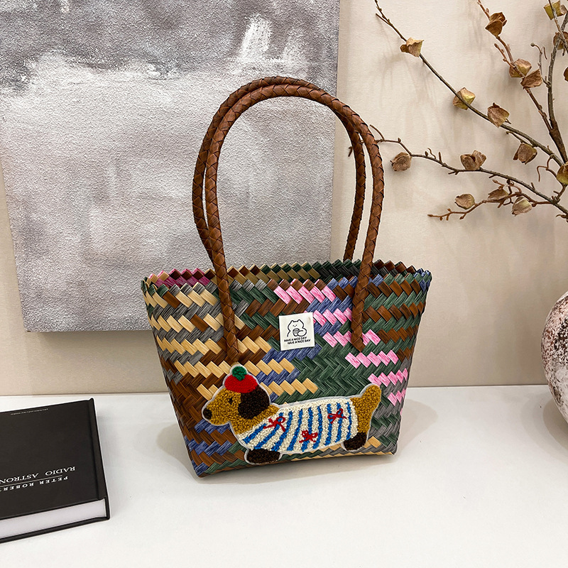 Large-capacity tote bag, Dachshund hand-woven vegetable basket, handbag, small miscellaneous bag, picnic handbag full figure