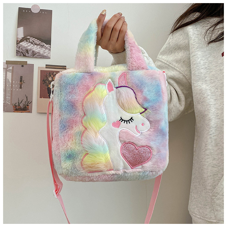 Wholesale of new cross-border colorful unicorn handbags, plush single-shoulder bags, toys, large-capacity crossbody bags and women's bags Specification drawing