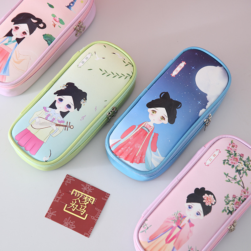 Digital printed cartoon ancient-style series pencil cases, large stationery boxes, portable zipper storage pencil cases for primary and secondary school students details Picture