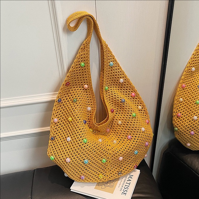 Lazy style beaded woven bag for women 2025 new style simple and cute single-shoulder hand-held bag with large capacity tote bag full figure