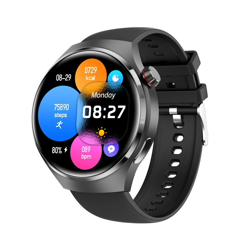The cross-border bestseller Gt4PRO sports smartwatch with a round screen features Bluetooth communication, water resistance, and voice assistance Application Scenario