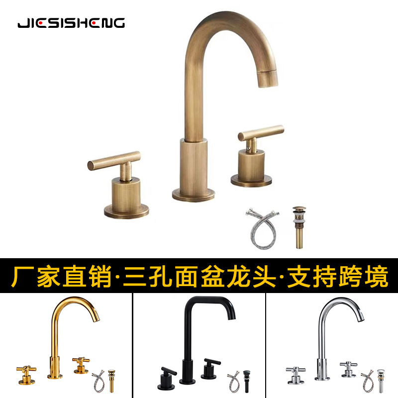 Wholesale of cross-border foreign trade washbasin three-hole faucet set, bathroom cabinet split double-handle cold and hot splash-proof faucet full figure