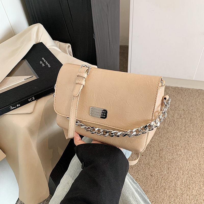 A new 2025 women's handbag with a light luxury and niche design, featuring a high-end texture. It is a single-shoulder crossbody bag with a chain and a small square bag for commuting Specification drawing