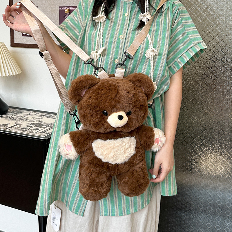 New cute teddy bear doll bag, a girlish cartoon plush double-shoulder large-capacity travel backpack style details Picture