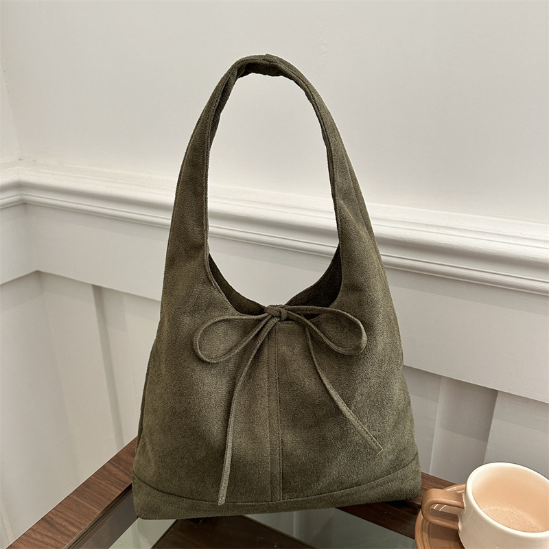 Korean-style niche style lace-up fashionable casual retro suede velvet commuting single-shoulder underarm bow tote bag, trendy full figure