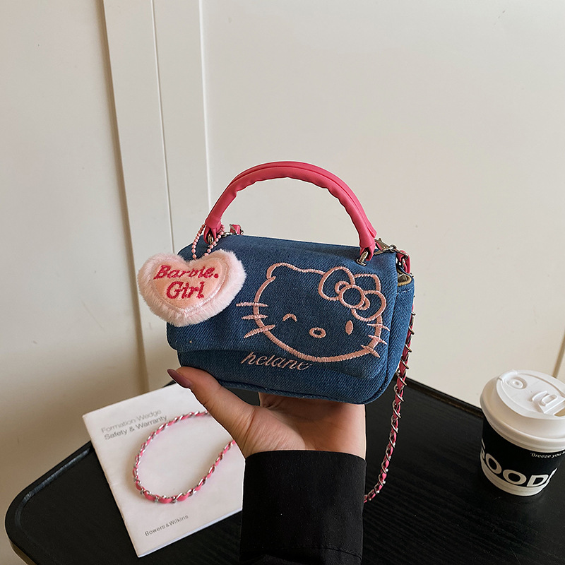 hellokitty denim hand-held women's bag, Korean embroidered thread little Chanel-style cartoon cute girl bag, children's crossbody bag Application Scenario