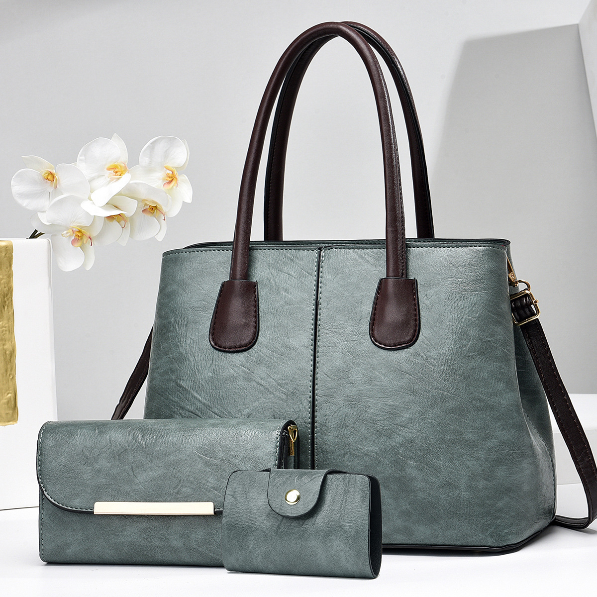 2024 New color contrast retro set, large capacity three-piece set, fashionable single-shoulder crossbody bag, hand-held women, large patchwork Item Picture